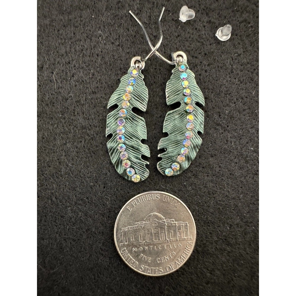 Green Patina Feather Dangle Earrings Rhinestone Fishhook New Without Tags
